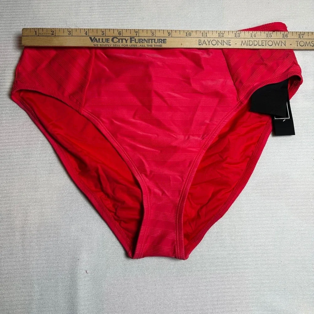 LA BLANCA High‎ Waist Bikini Bottoms Red Textured Stripes Swimwear Size 16 NWT